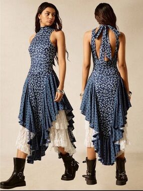 SHEIN Navy Floral High-Low Halter Dress with Lace Tier